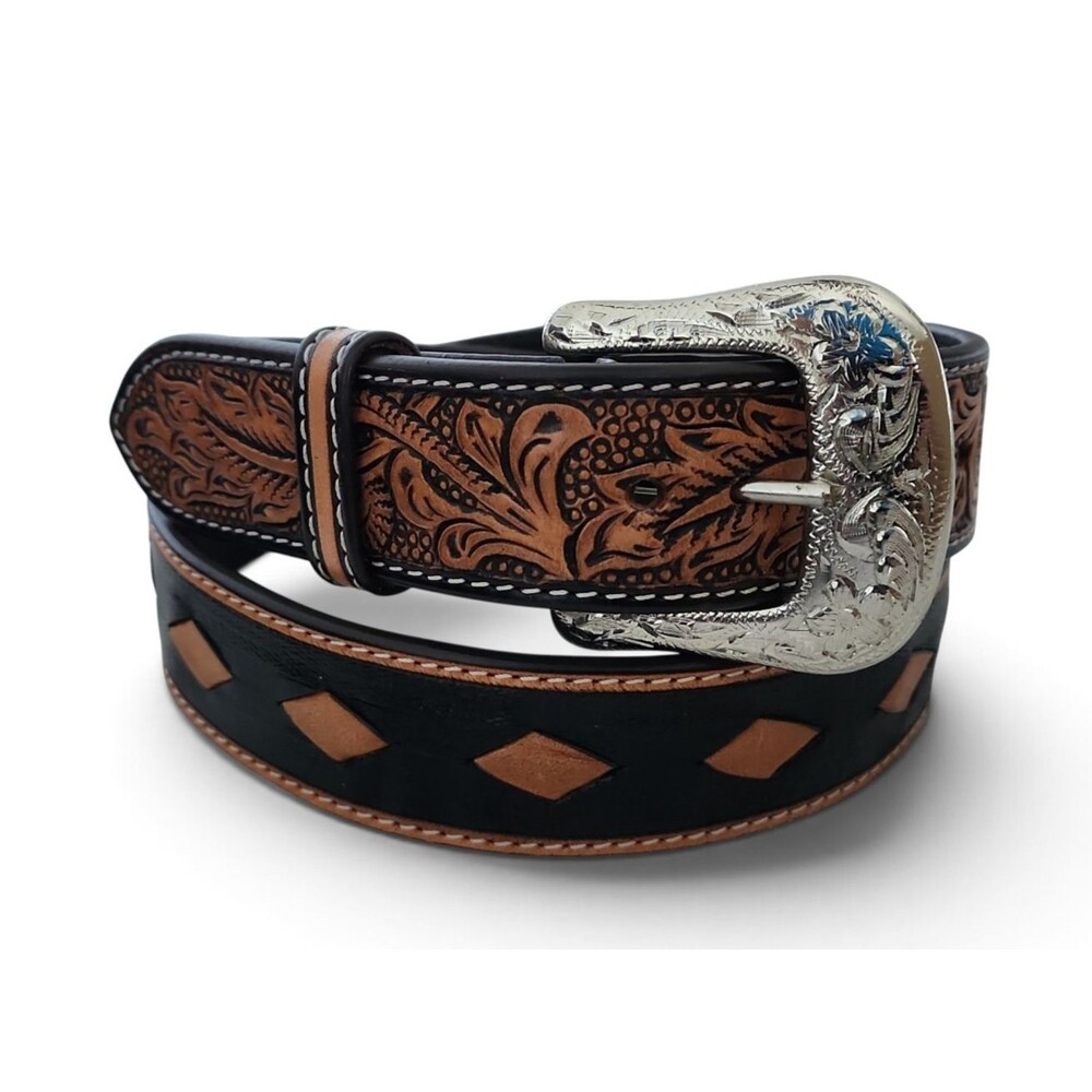 WB-950 Western Rodeo Leather Belt Size 36 Floral Tooled Center Buck Stitch Tan